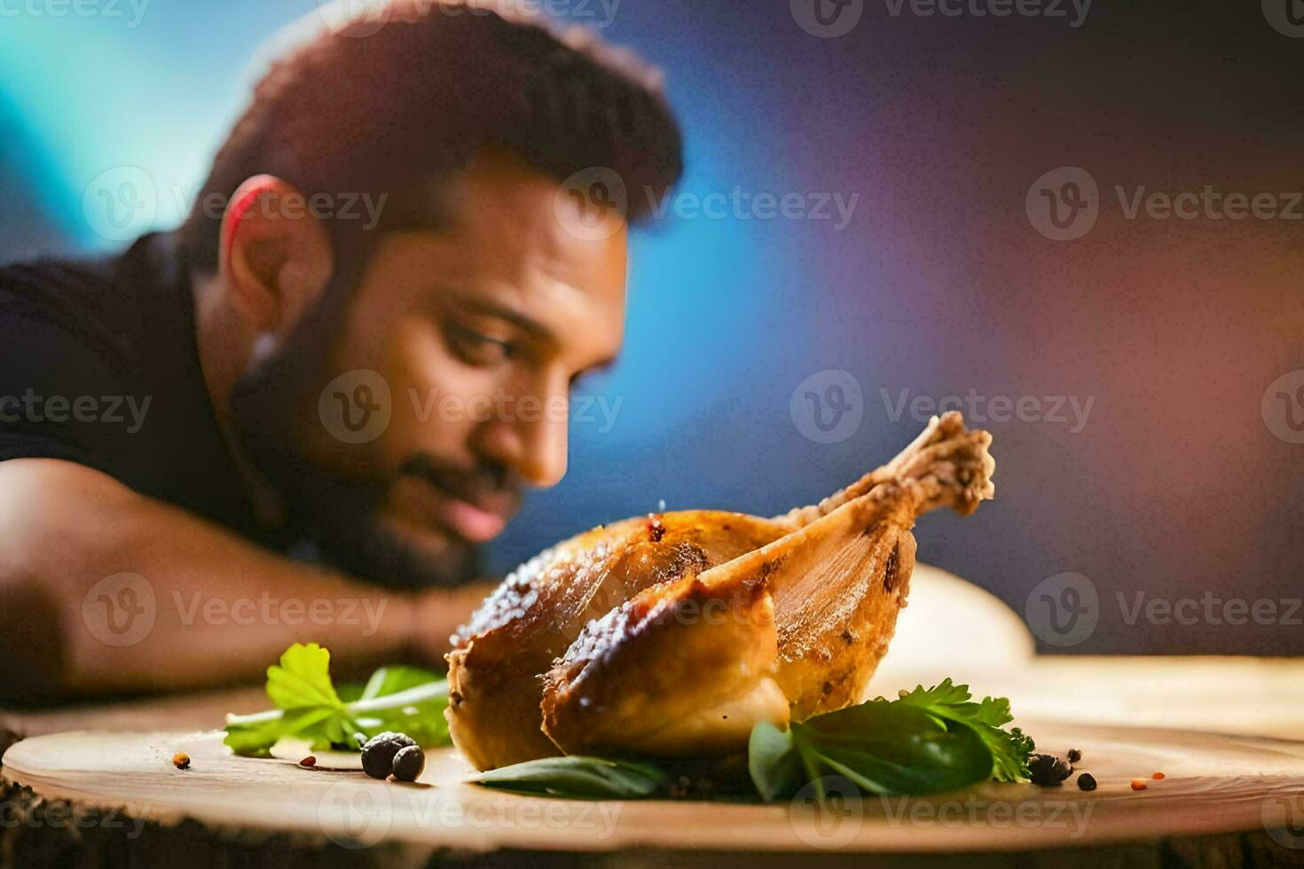 un hombre es mirando a un asado pollo en un lámina. generado por ai foto