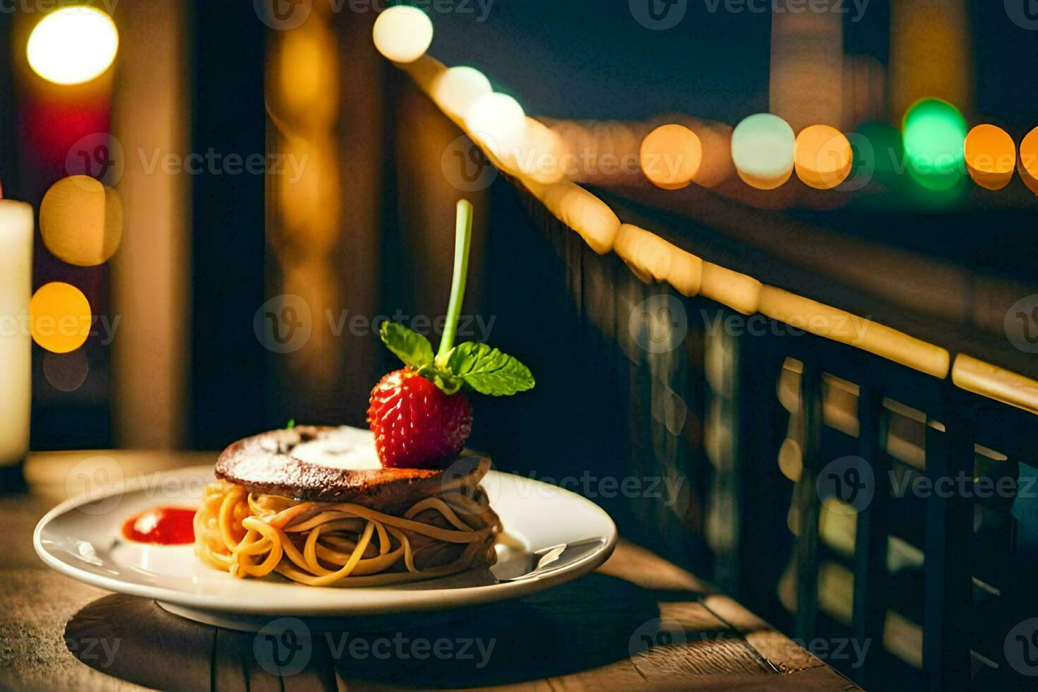 a plate with spaghetti and a strawberry on it. AI-Generated photo