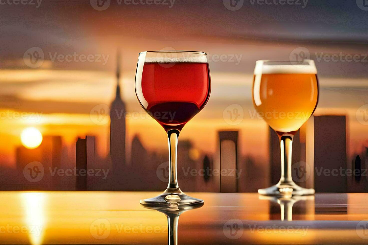 two glasses of wine with the city in the background. AI-Generated photo