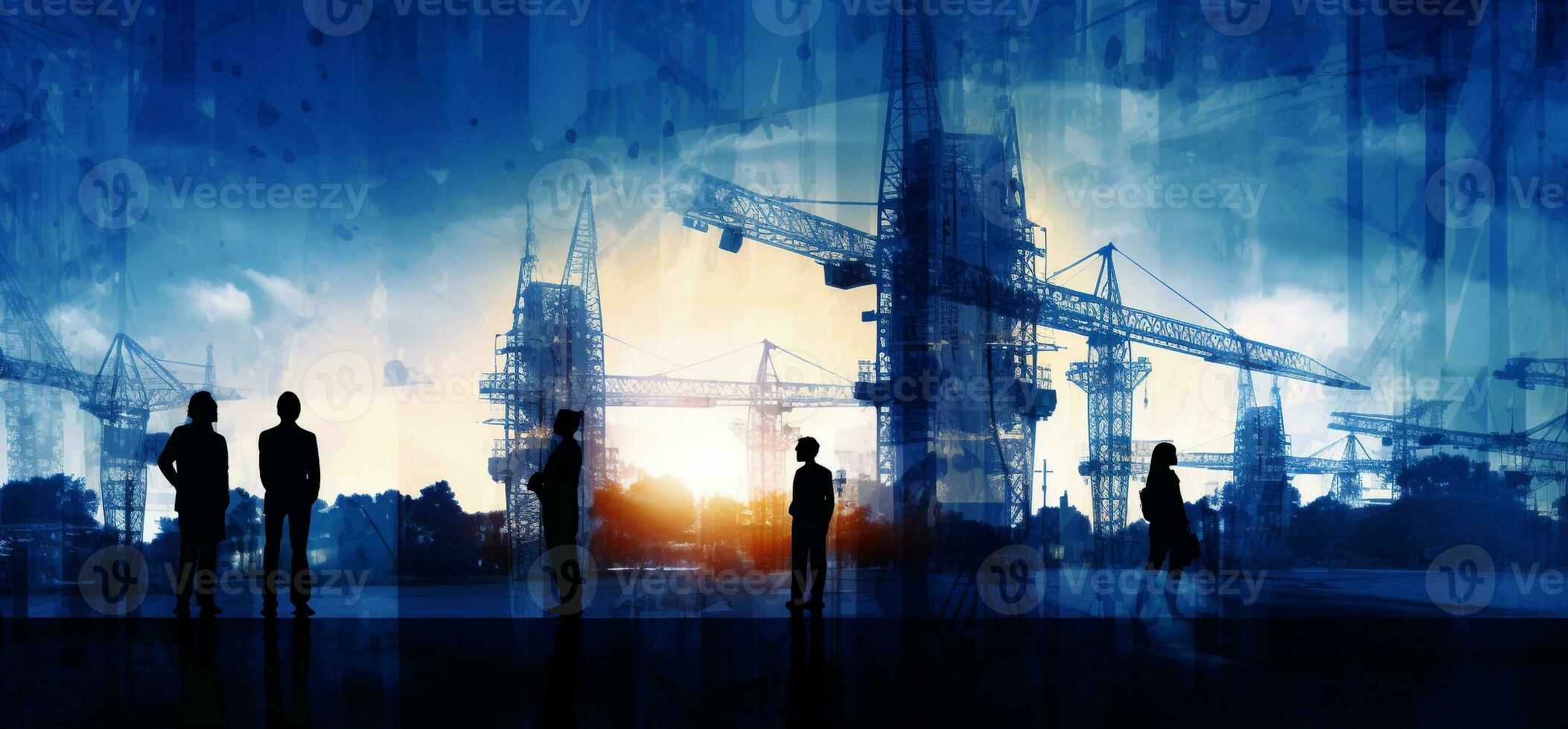 Team engineer building construction project with construction worker working with modern civil equipment technology, double exposure graphic design. AI Generated photo