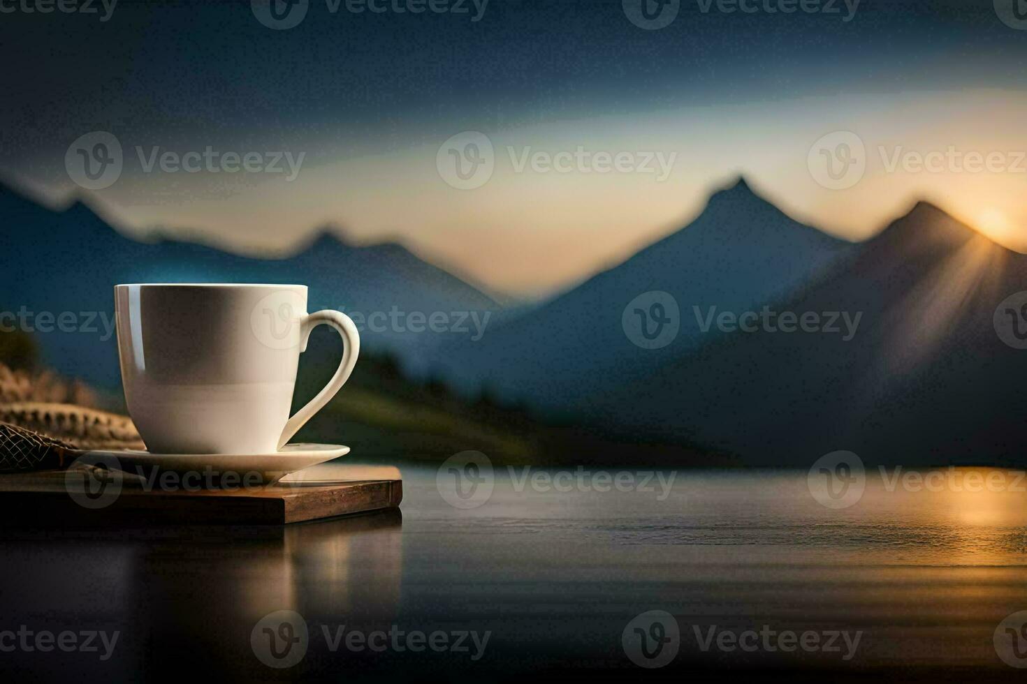 coffee cup on the table, mountains, sunrise, hd wallpaper. AI-Generated photo