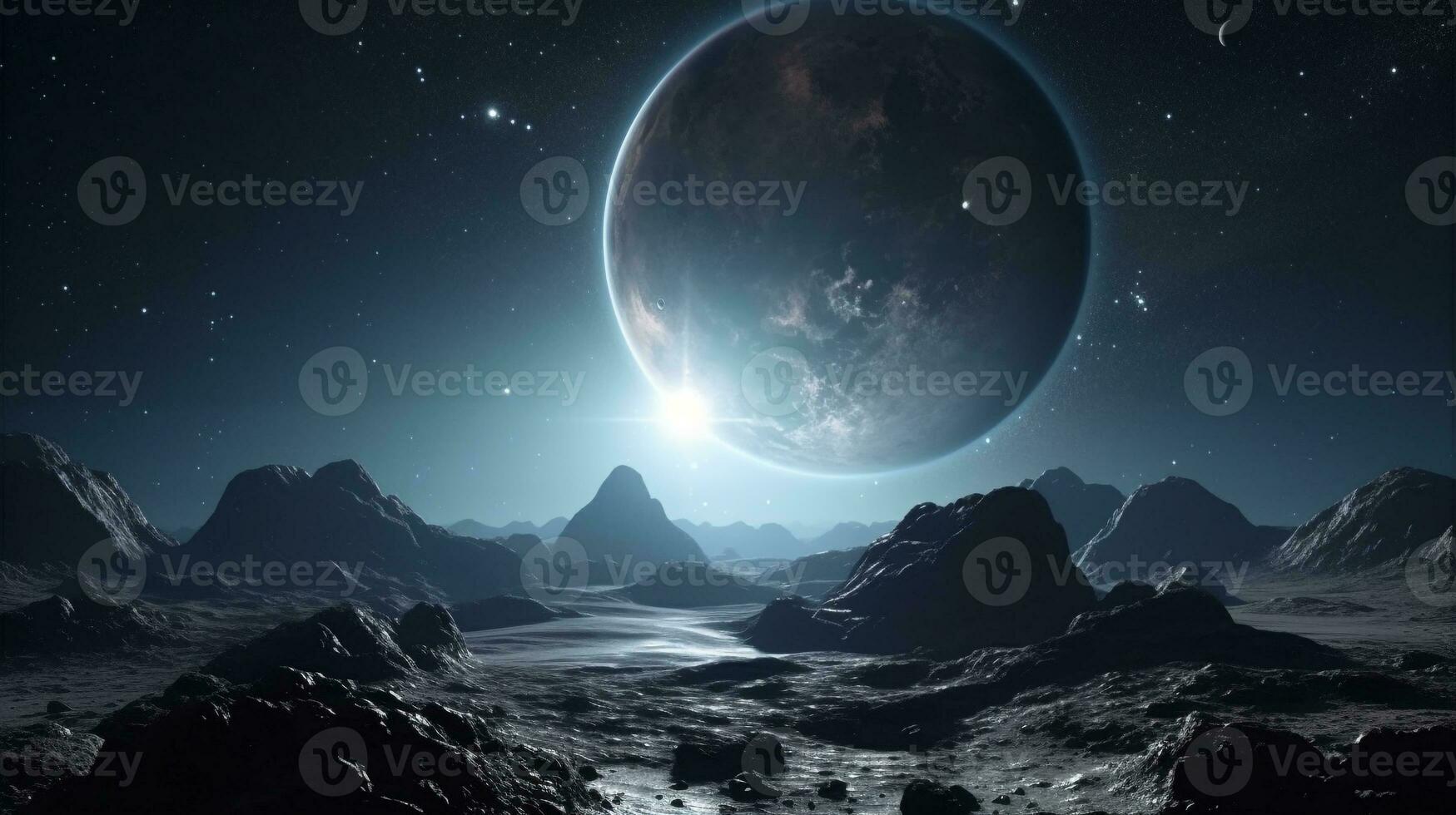 Earth and sun light close up seen from the moon surface. Moon surface and Earth on the horizon. Space art fantasy. AI Generated photo