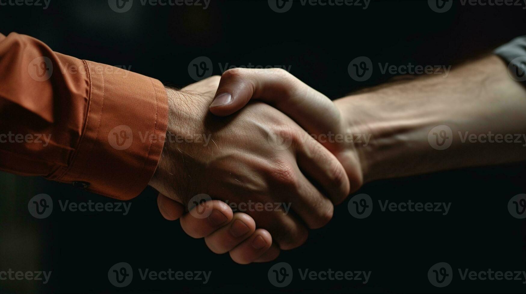 Business partnership meeting concept. Handshake between two professionals. Successful businessmen handshaking after good deal. Horizontal, dark background. AI Generated photo