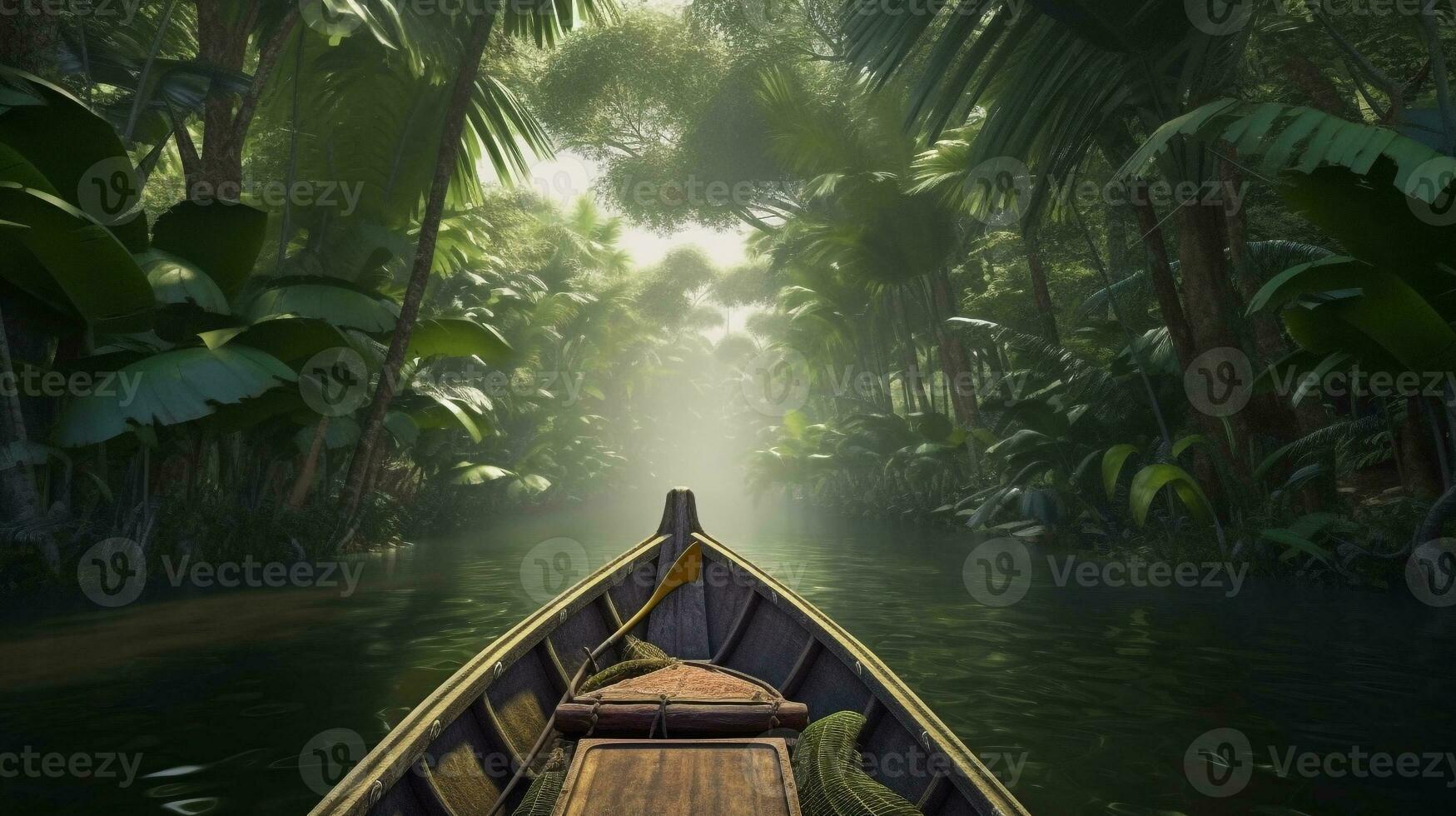 Wooden boat floating on the river in the jungle. AI Generated photo