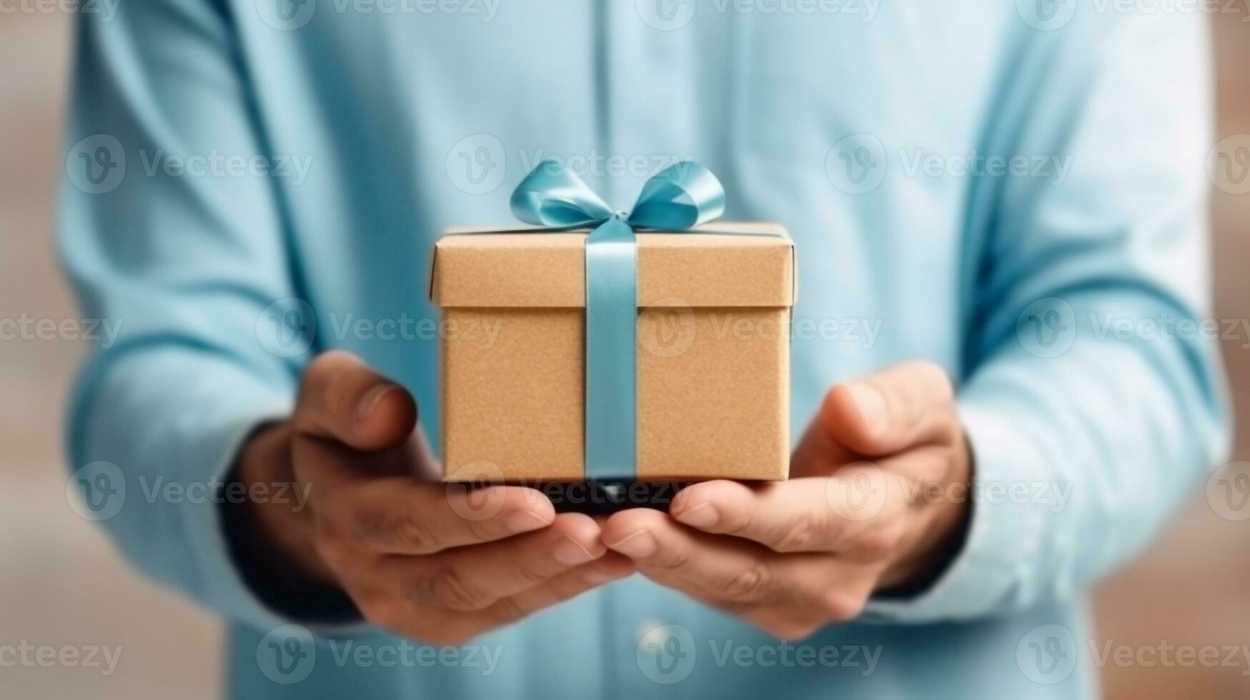 Close up shot of male hands holding a small gift box. Small gift in the hands of a man indoor. Focus on the little box. AI Generated photo