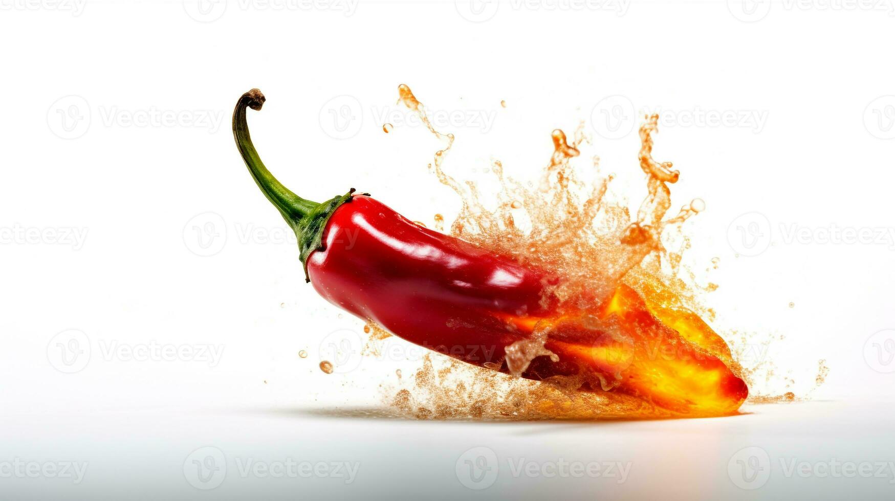 Fresh red chilli pepper blasting in fire as a concept of burning feeling of spicy food and spices. White background. AI Generated photo