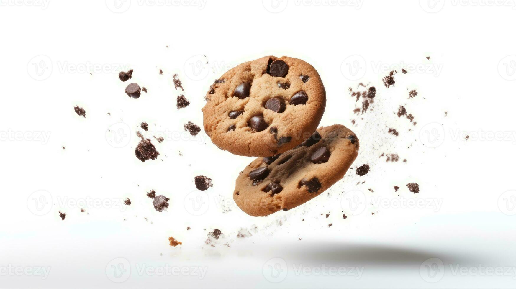 Flying Chocolate biscuits cookies with pieces of chocolate isolated on white background. Closeup product photography. AI Generated photo