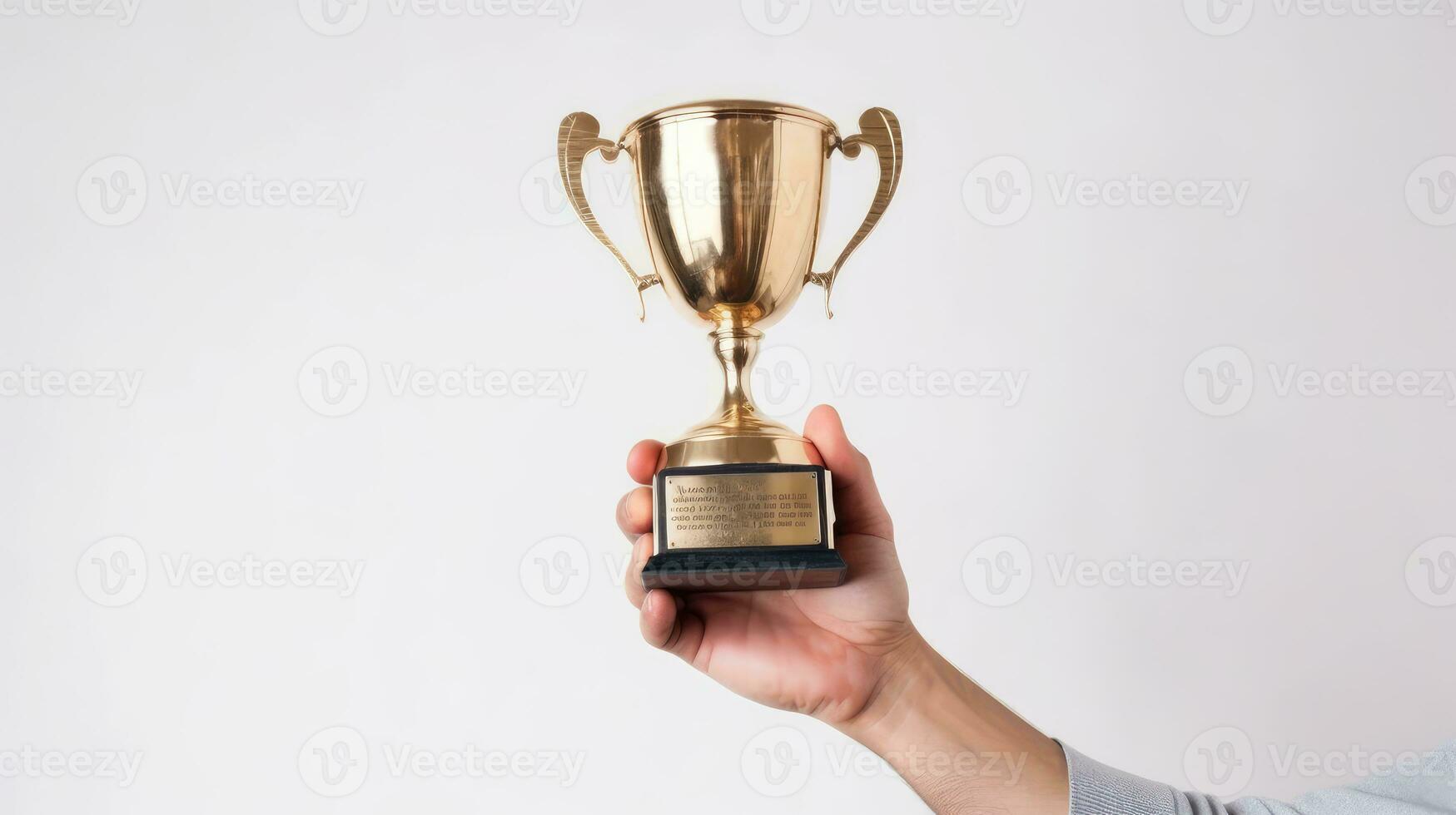 Raised hands of a man are holding a golden trophy Isolated on light white background. Concept of successful businessman, skillful person, achievement, reward, leadership. AI Generated photo