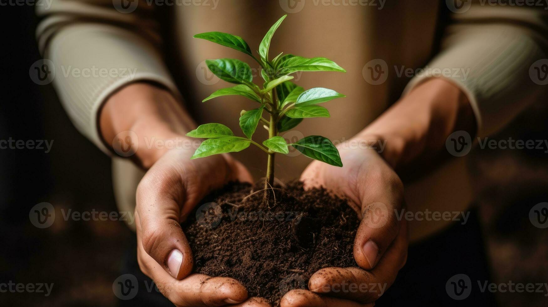 Closeup shot of a man holding a green plant in palm of his hand. Concept of save environment, tree planting, green eco-friendly nature, new beginnings of hope. AI Generated photo