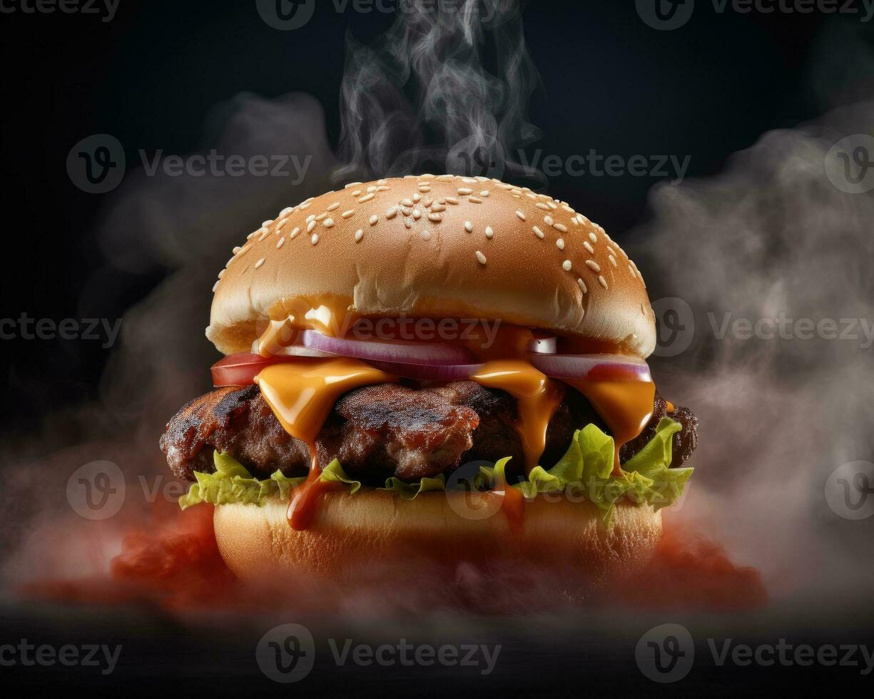 Hot melting burger on smoke dark studio background. Tasty delicious spicy chicken and cheese hamburger. AI Generated photo