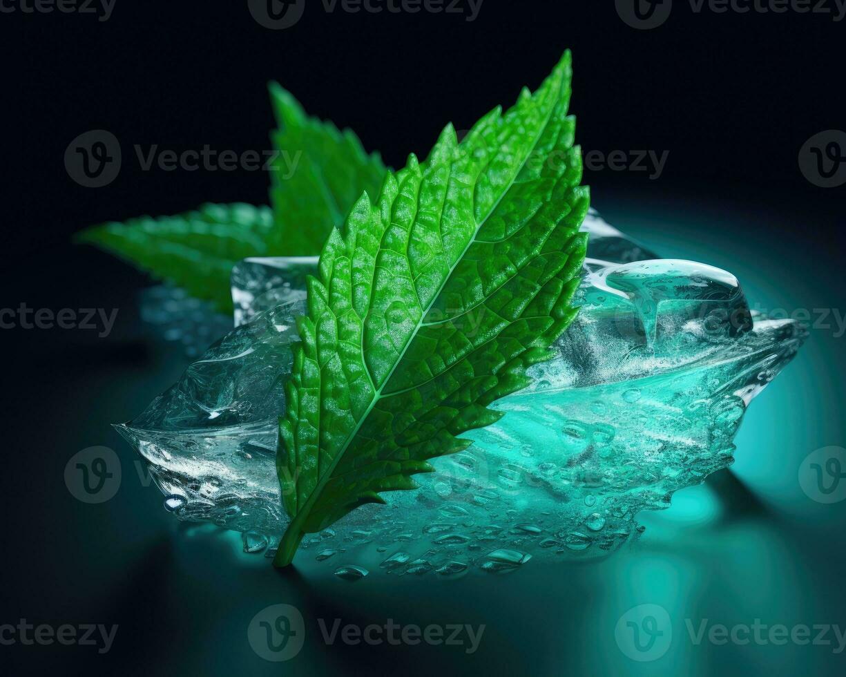 Fresh green mint leaves frozen in ice cubes. Concept of freshness and cool environment. AI Generated photo