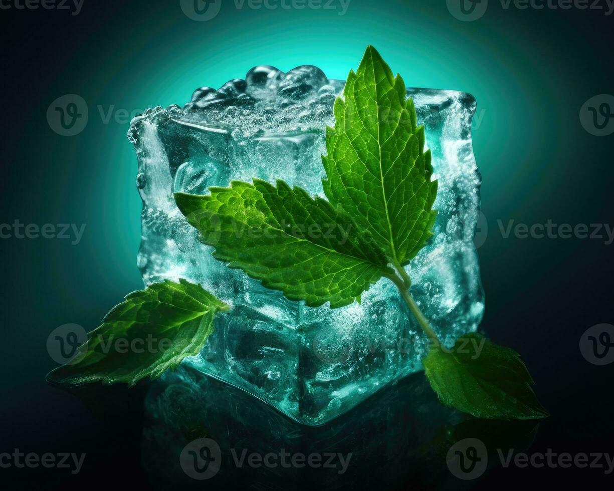 Fresh green mint leaves frozen in ice cubes. Concept of freshness and cool environment. AI Generated photo