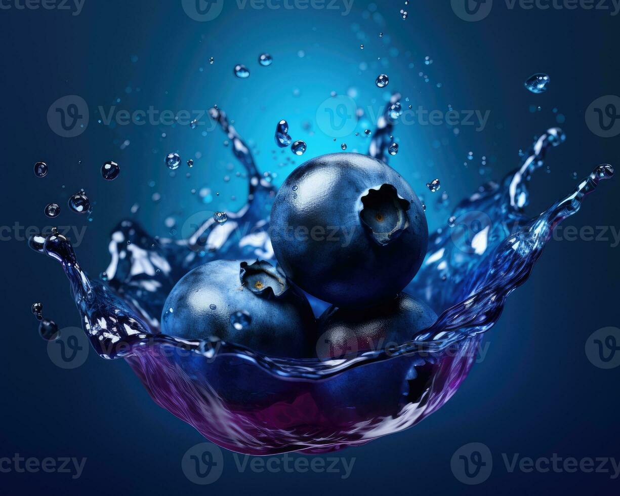 Fresh ripe blueberries and splashing juice isolated on dark studio background. AI Generated photo