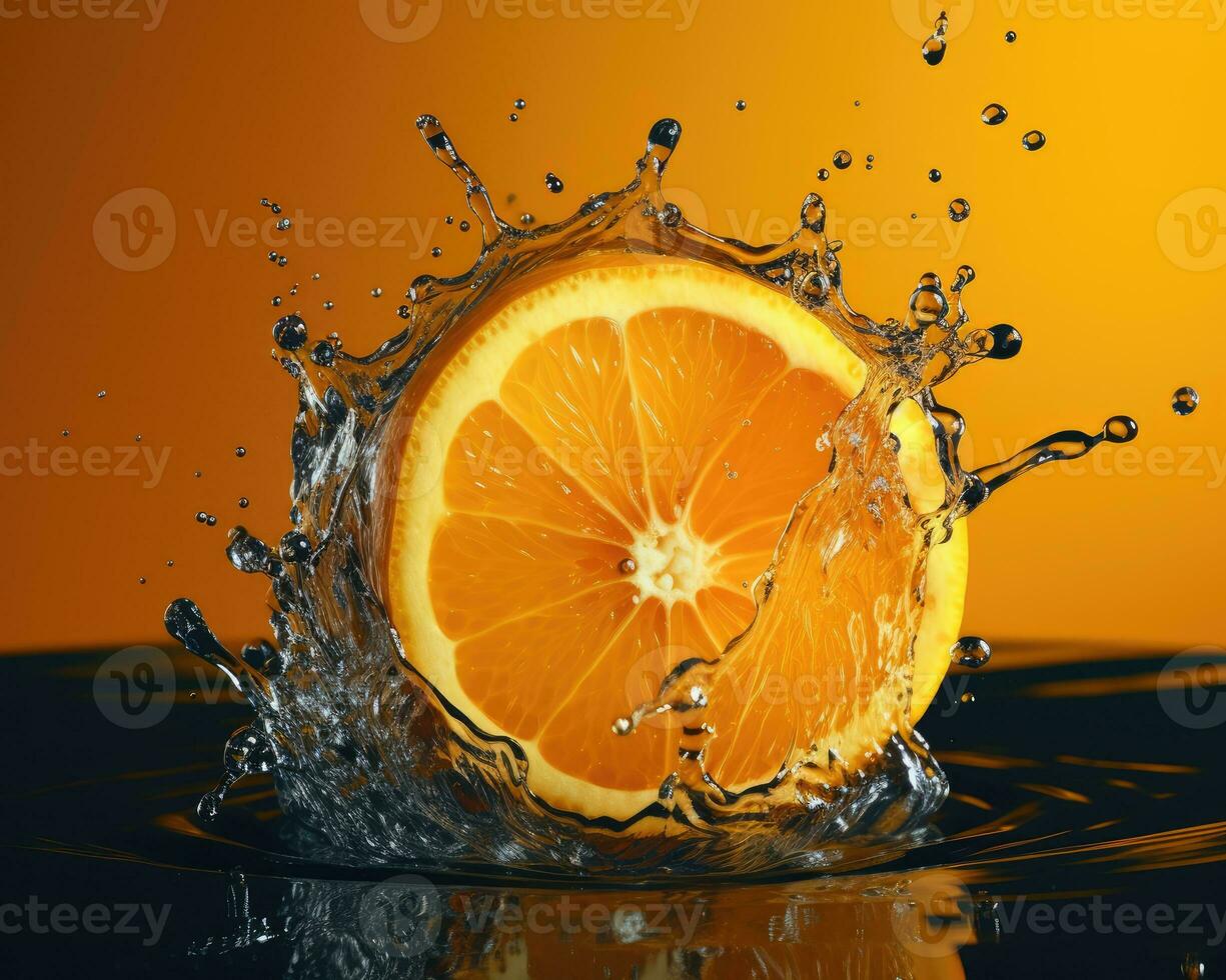 Slice of fresh orange with a splash of water isolated on the studio background. Concept of product package design element. AI Generated photo