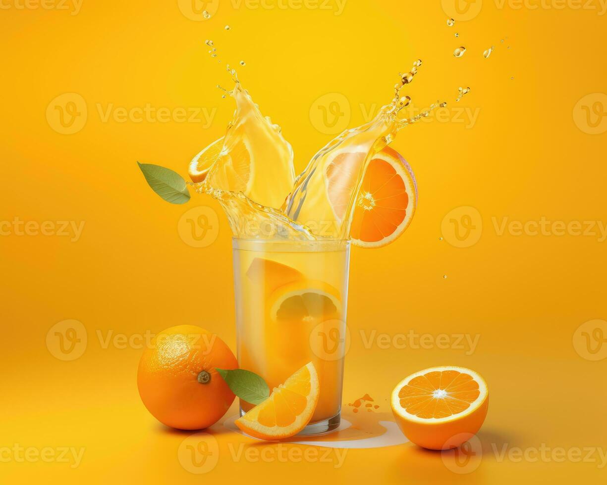 Whole and slices of Orange fruit and juice glass with splash and drops flying falling isolated on yellow orange background. Healthy drink. AI Generated photo