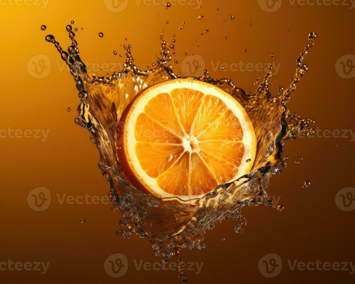 rebanada de Fresco naranja con un chapoteo de agua aislado en el estudio antecedentes. concepto de producto paquete diseño elemento. ai generado foto