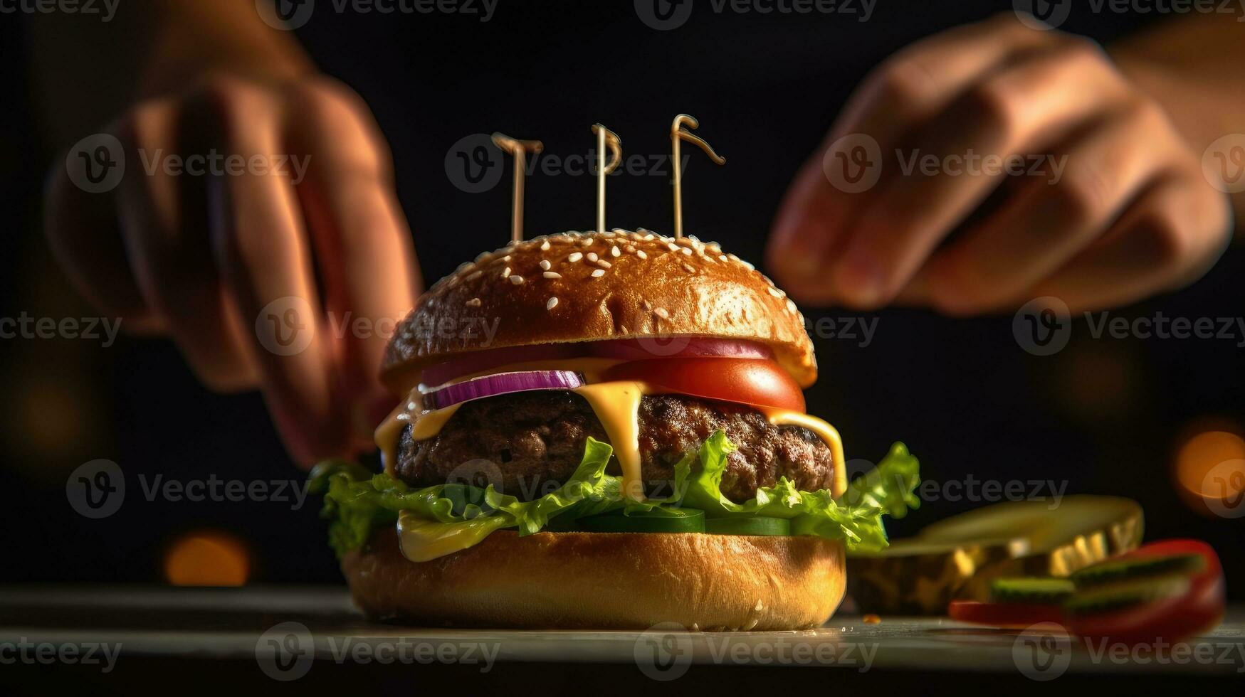 Close-up of fresh tasty burger on dark background. AI Generated photo