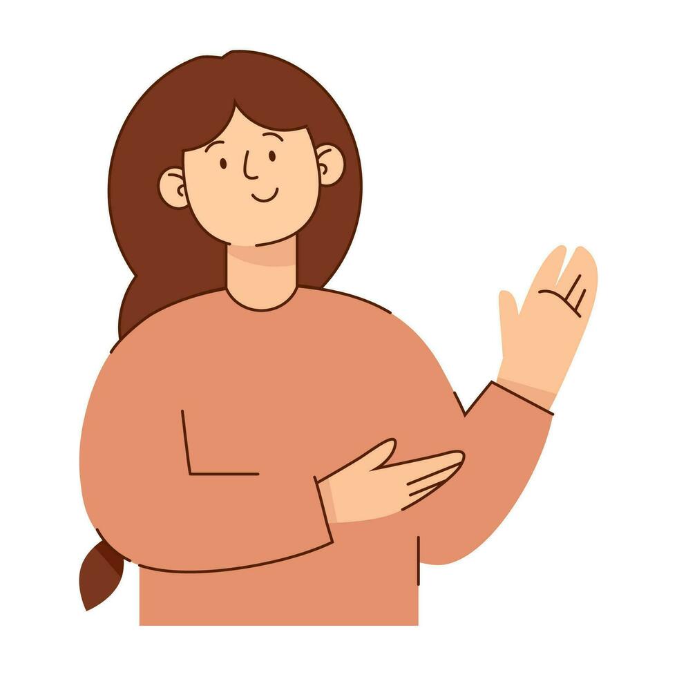 Smiling young woman in flat style pointing with hand vector
