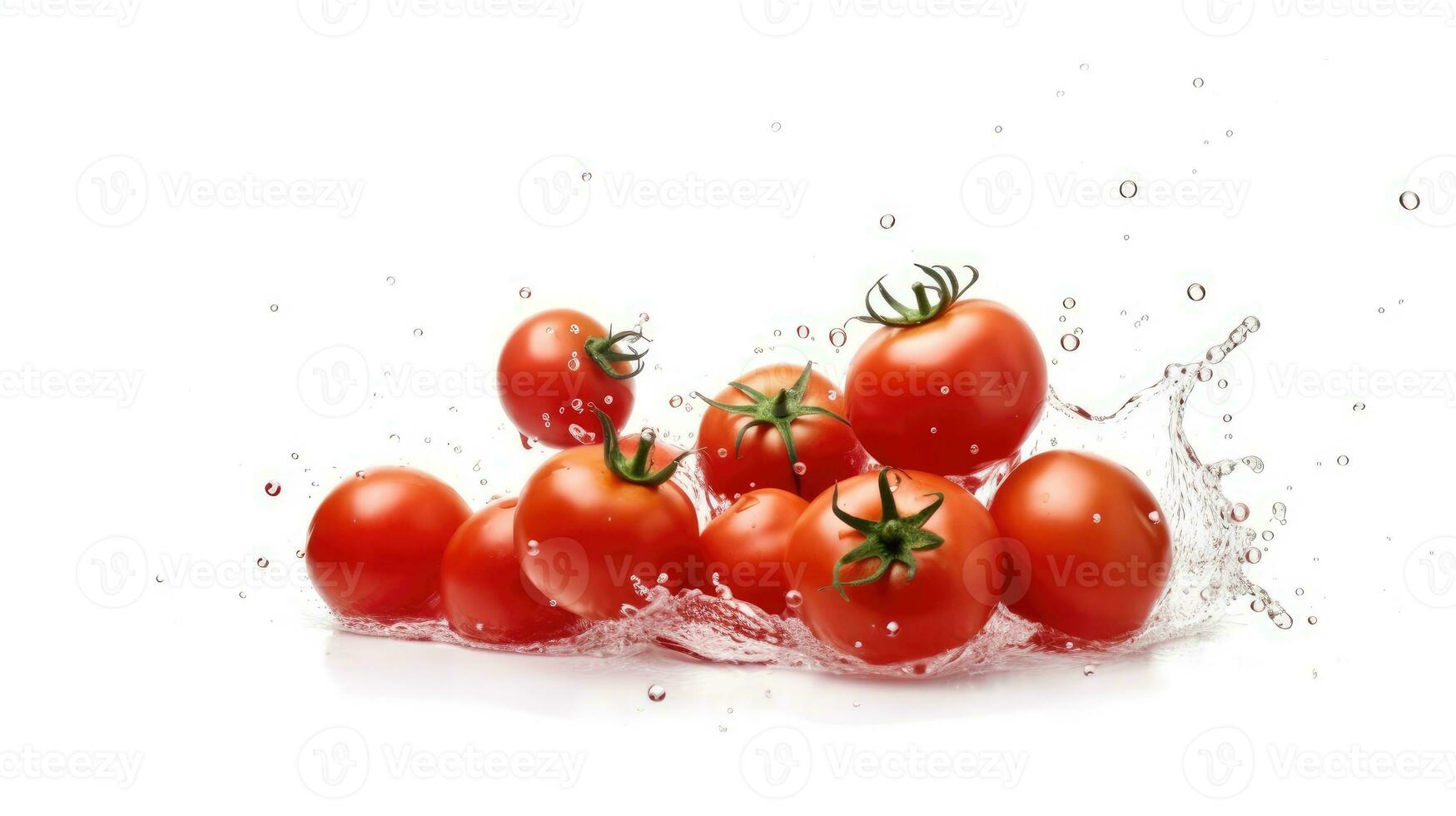 Fresh juicy tomatoes with water splash isolated on white background. Studio shot with freeze motion. AI Generated photo
