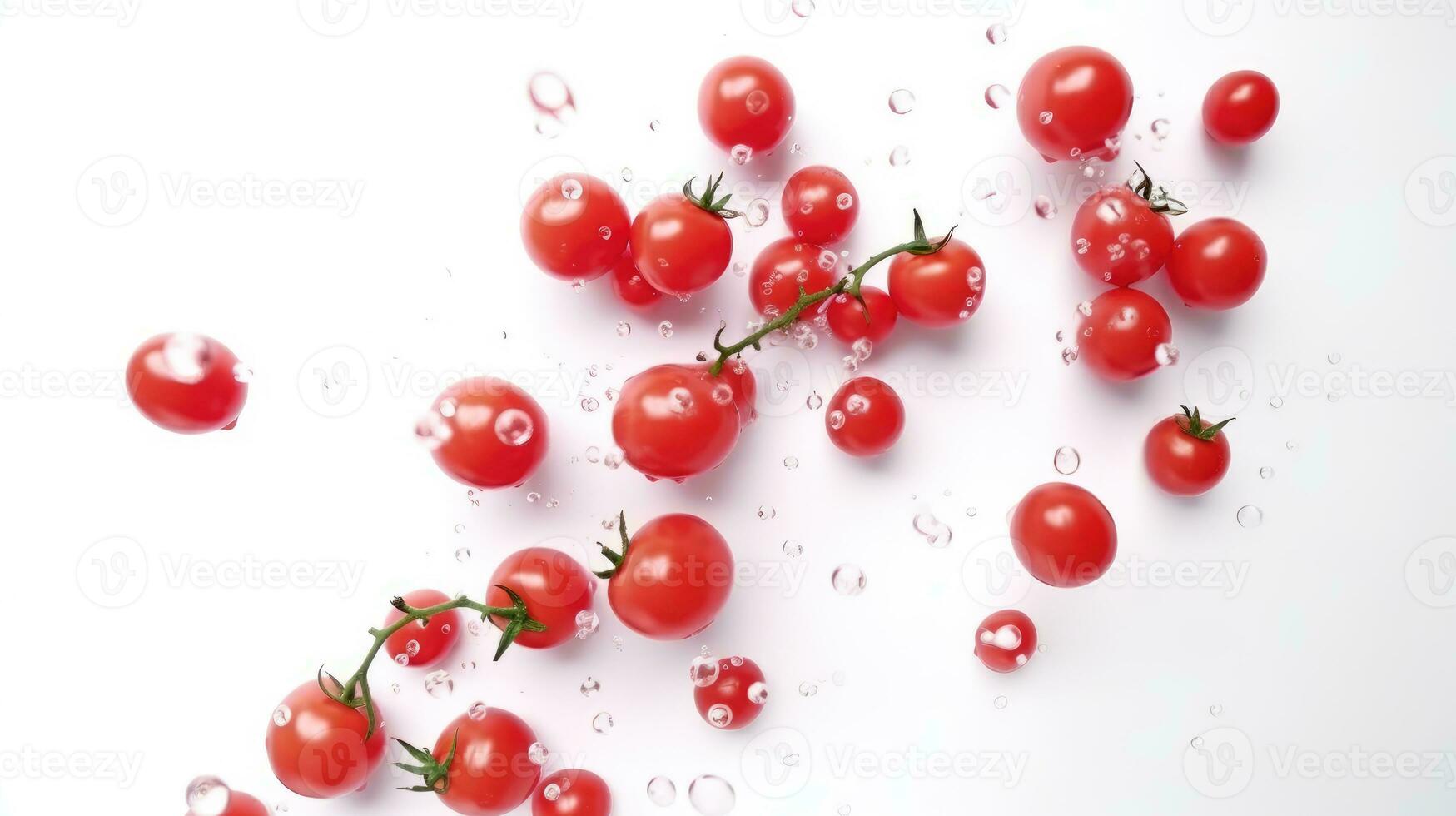 Red tomatoes with water splash isolated on white background. AI Generated photo