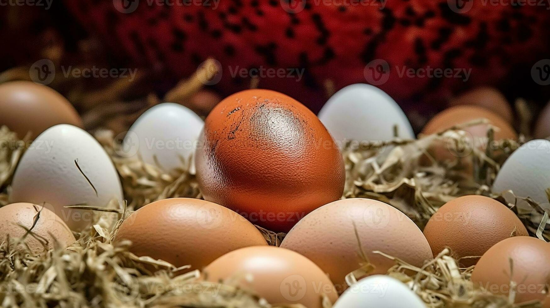 Chicken eggs in a nest of hay. A hen sits close in the background of the nest. Closeup of a group of eggs on the chicken farm. AI Generated photo