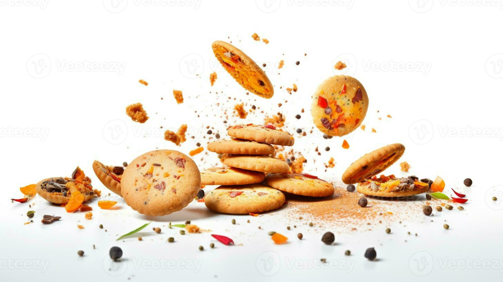 Biscuits falling on white background. Perfect concepts for product packaging design ideas. Studio shoot product photography. AI Generated photo