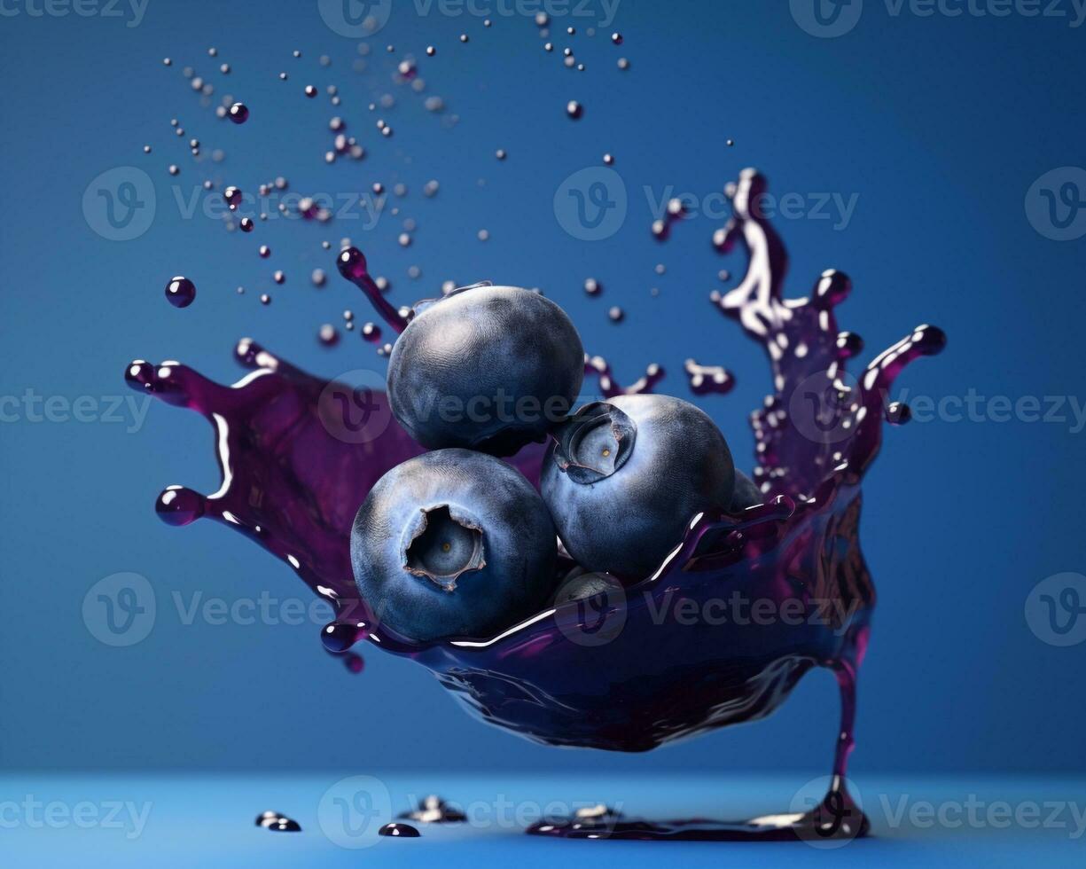 Blueberries with juice splash close-up on navy blue color background. AI Generated photo