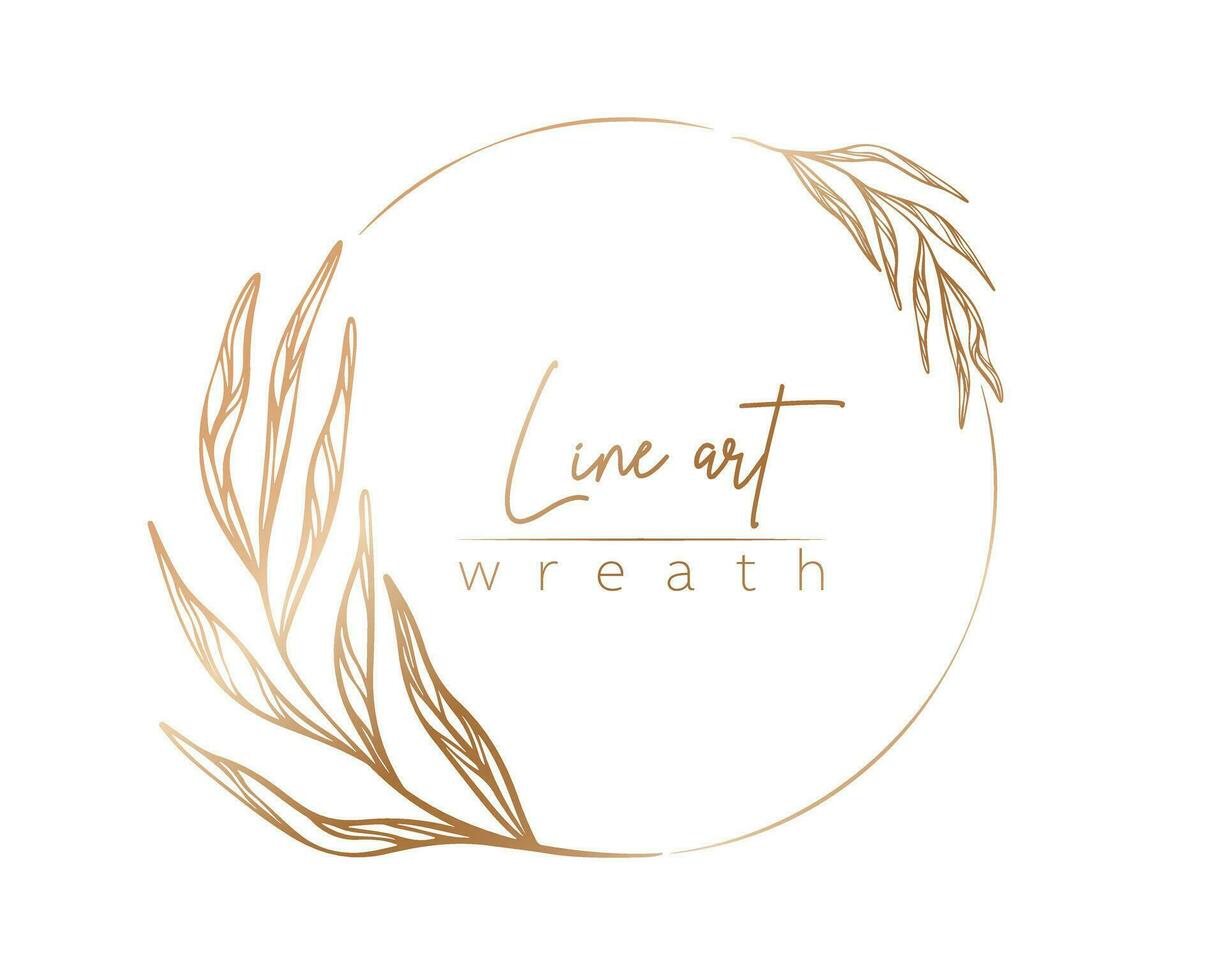 Botanical gold line illustration of leaves and branch wreath for wedding invitation and cards, logo design, web, social media and posters template. Elegant minimal style floral vector isolated.