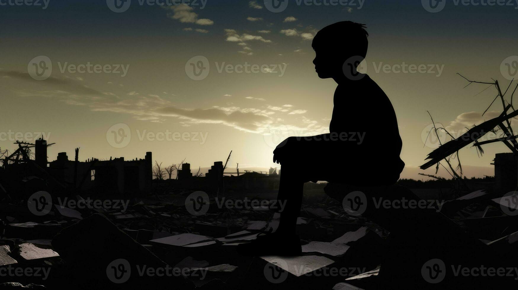 Silhouette of a boy sitting in a place where he had his home now it's destroyed. Sitting with sadness. AI Generated photo