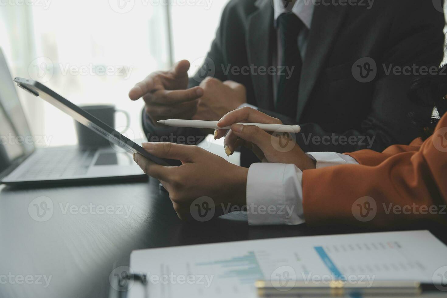 Entrepreneurs and business people conference in modern meeting room, happy multiracial coworkers have fun cooperating working together at office meeting, asian teamwork concept photo