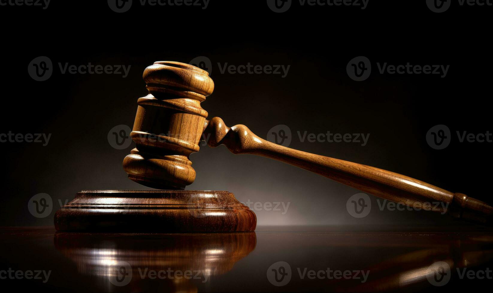 Wooden judge gavel and soundboard, the mallet of the judge on low light background. The hammer of Law and justice. AI Generated photo