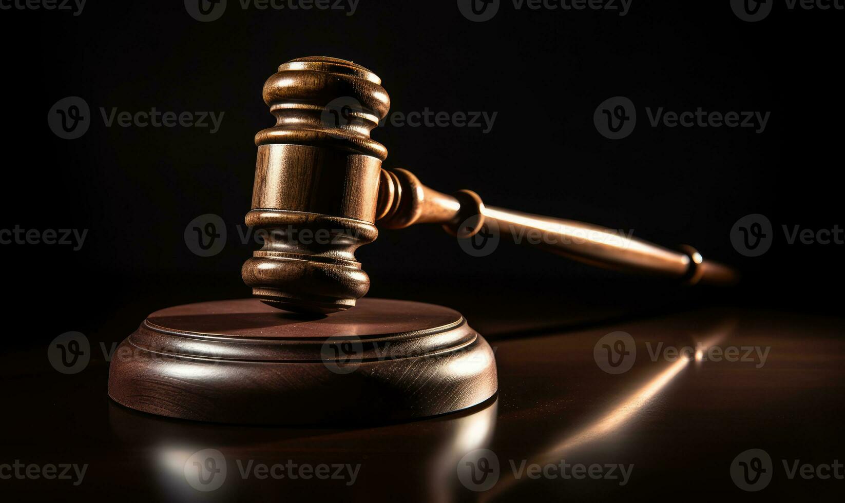 Wooden judge gavel and soundboard, the mallet of the judge on low light background. The hammer of Law and justice. AI Generated photo