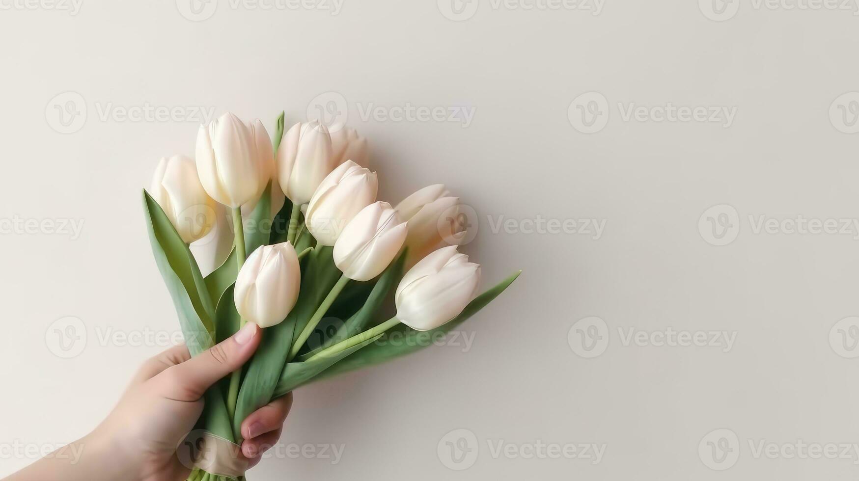 Hand holding a beautiful bouquet of tulip flowers. Isolated on a light wall background. AI Generated photo