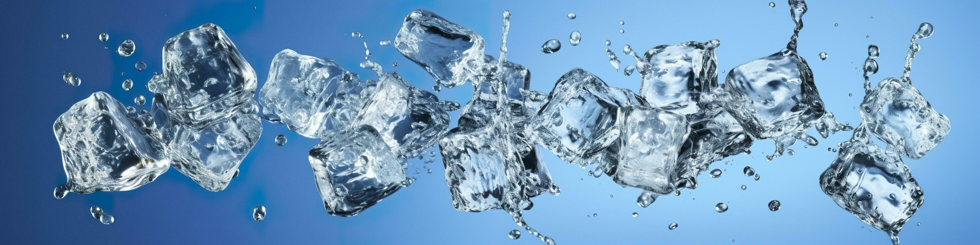 Pieces of ice and water on blue background. Generative AI photo