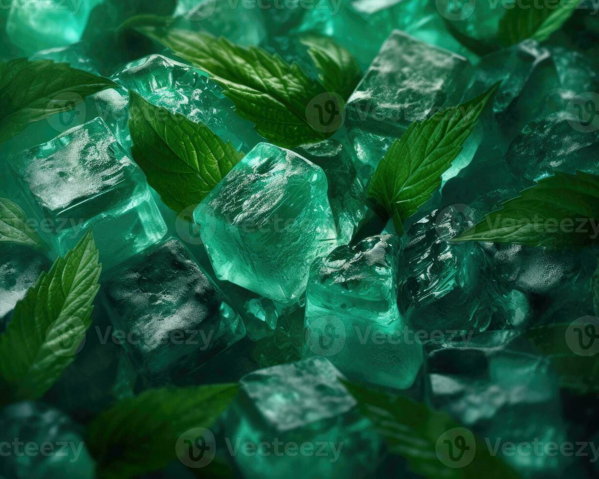 Fresh green mint leaves frozen in ice cubes. Concept of freshness and cool environment. AI Generated photo