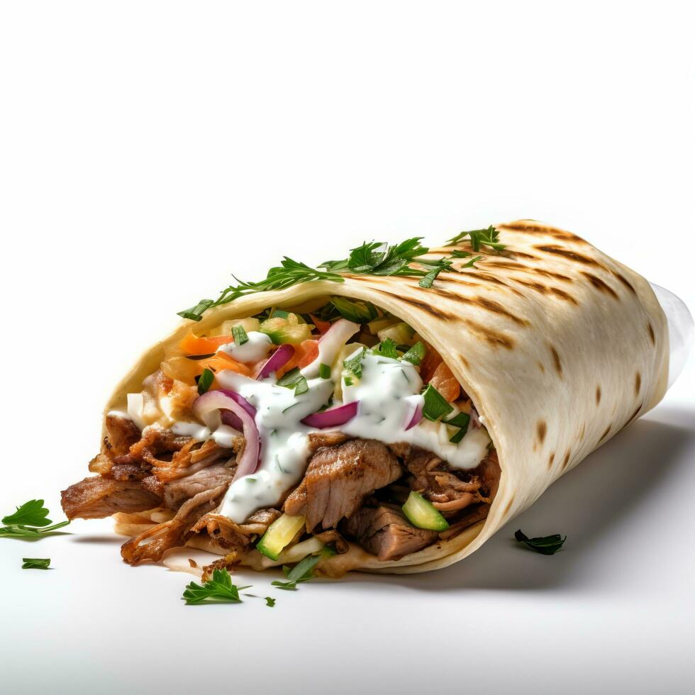 Shawarma with meat and vegetables on a white background photo