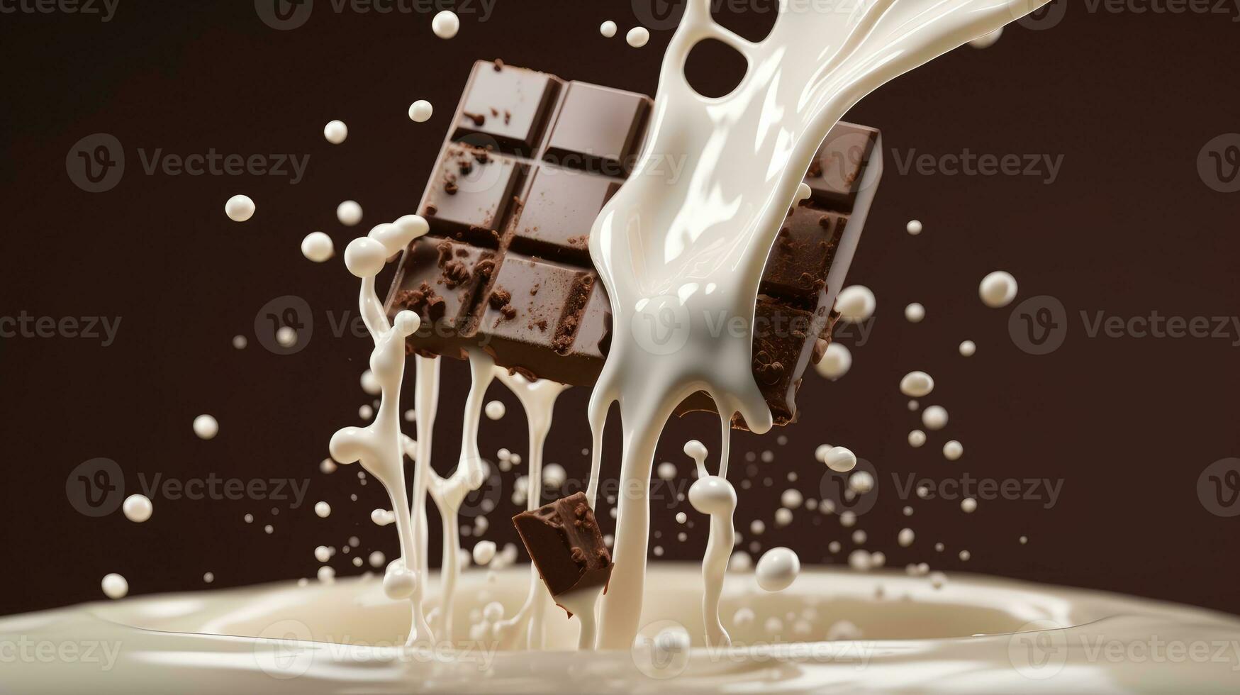 chocolate bar con Leche chapoteo. chocolate bar que cae dentro Leche crema. producto embalaje diseño y anuncio elementos conceptos. ai generado foto