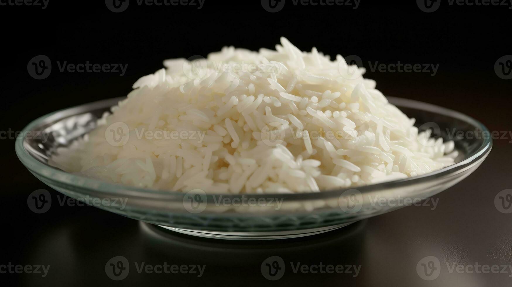 cocido blanco arroz en un plato aislado en oscuro antecedentes. cerca arriba vista. ai generado foto