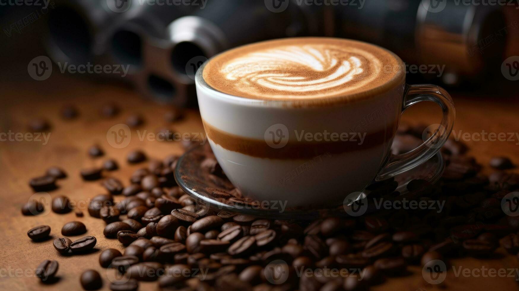 A cup of coffee with latte art spiral shape foam on a table with many coffee beans around it. AI Generated photo