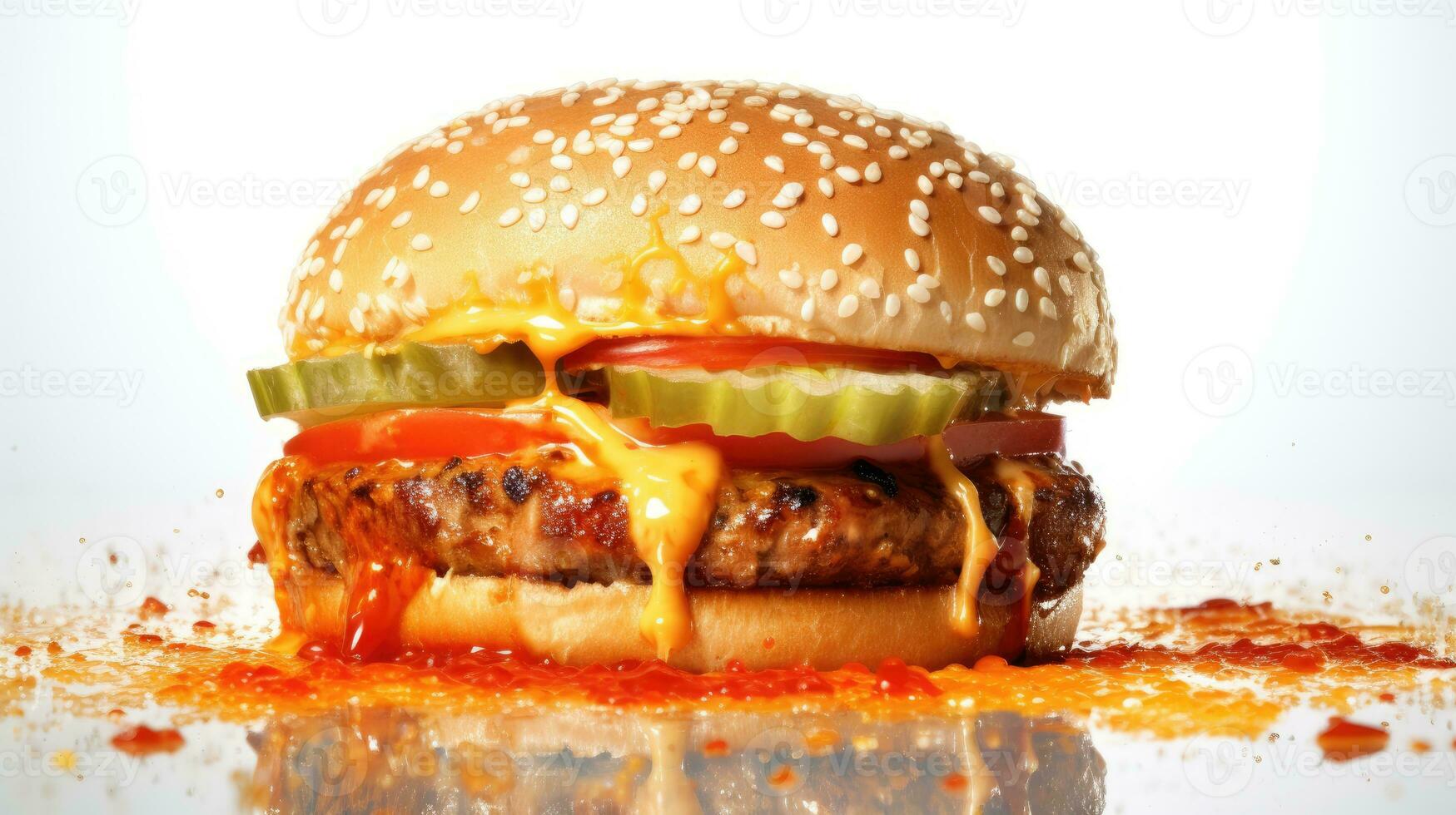 Burger in white background. Hot tasty spice meat and cheese melting hamburger. AI Generated photo