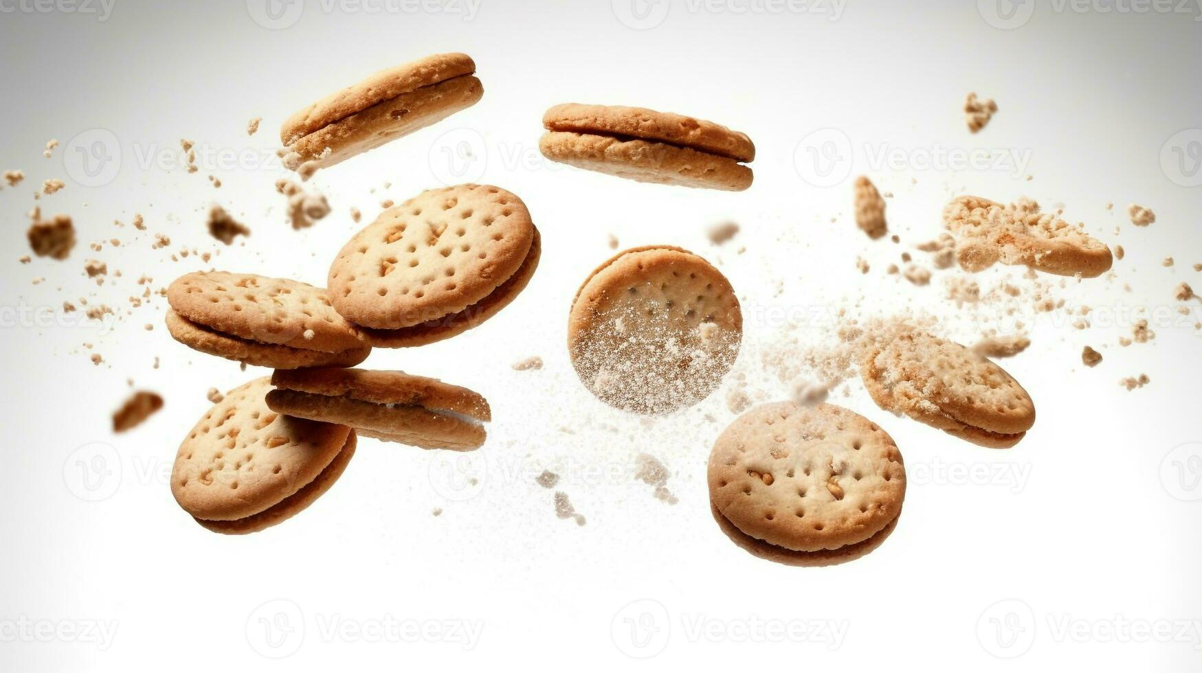 Biscuits falling on white background. Perfect concepts for product packaging design ideas. Studio shoot product photography. AI Generated photo