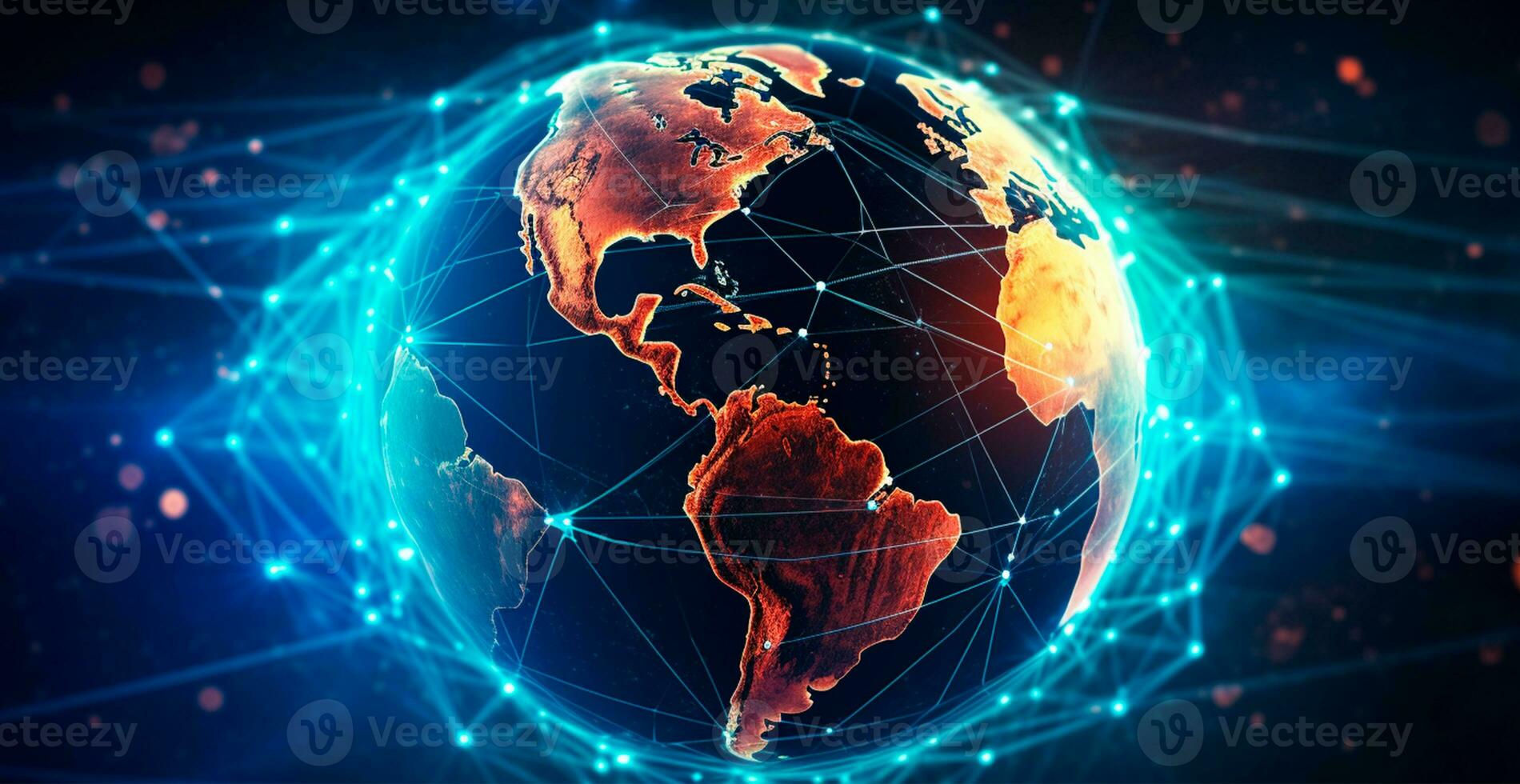 Global network concept. Digital point of the world map. Global network of planet Earth 3D rendering - AI generated image photo