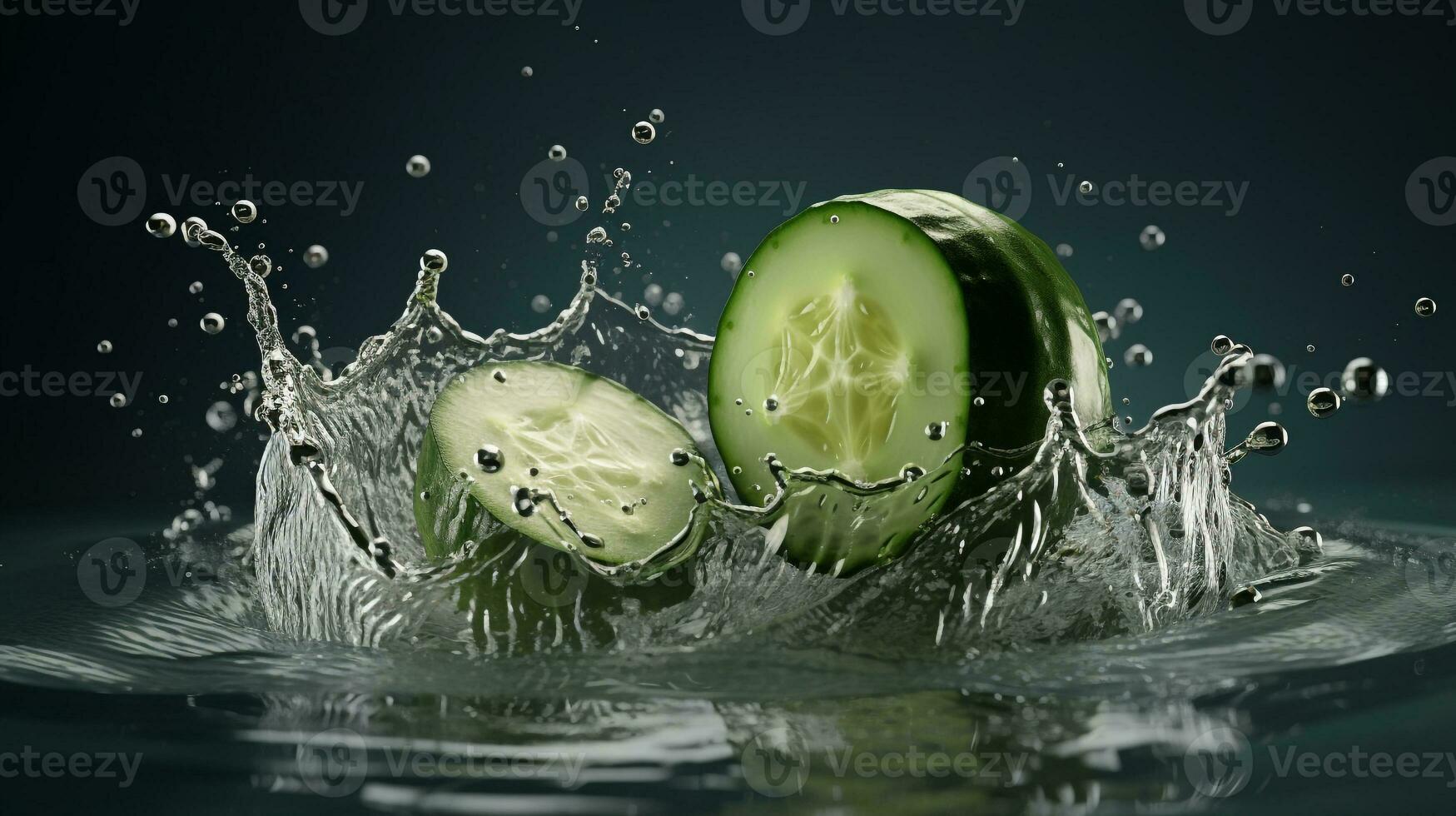 Slices of fresh cucumber dropped into water and created a beautiful water splash that isolated on dark black studio background. Product photography. AI Generated photo