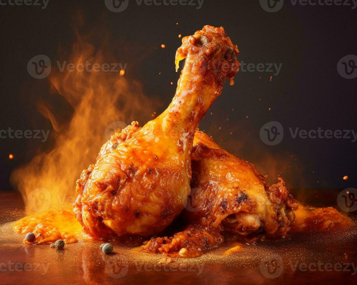 Chicken Pieces with Spice on Fire. Isolated on dark background. Barbecue and grilling. AI Generated photo