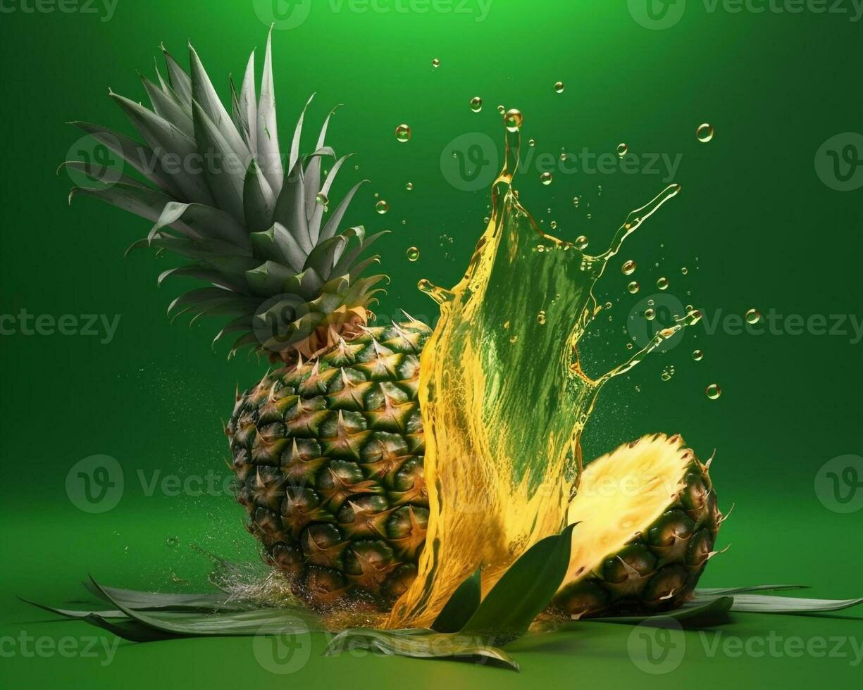 Pineapple drops from the air and juice splashes isolated on green background. AI Generated photo