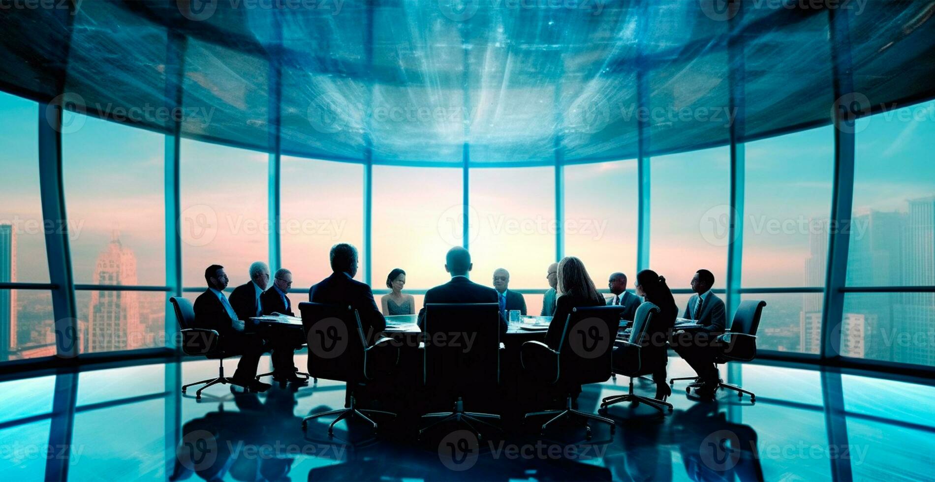 Business meeting at a large table in a bright office with large windows, business concept - AI generated image photo