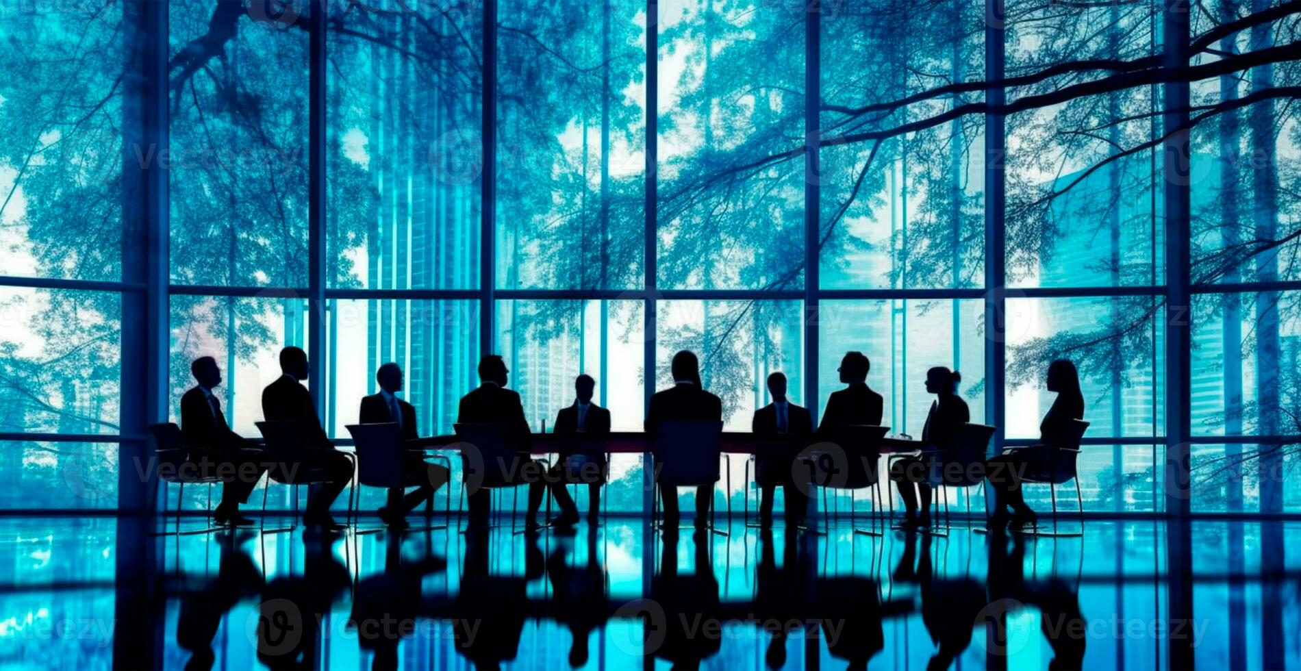 Business meeting at a large table in a bright office with large windows, business concept - AI generated image photo