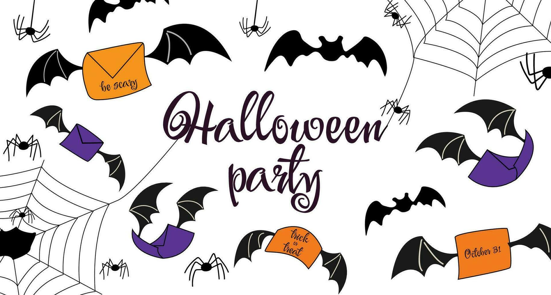 Halloween party. Envelopes with bat wings,bats and spiders on a white background. Autumn holidays. Vector