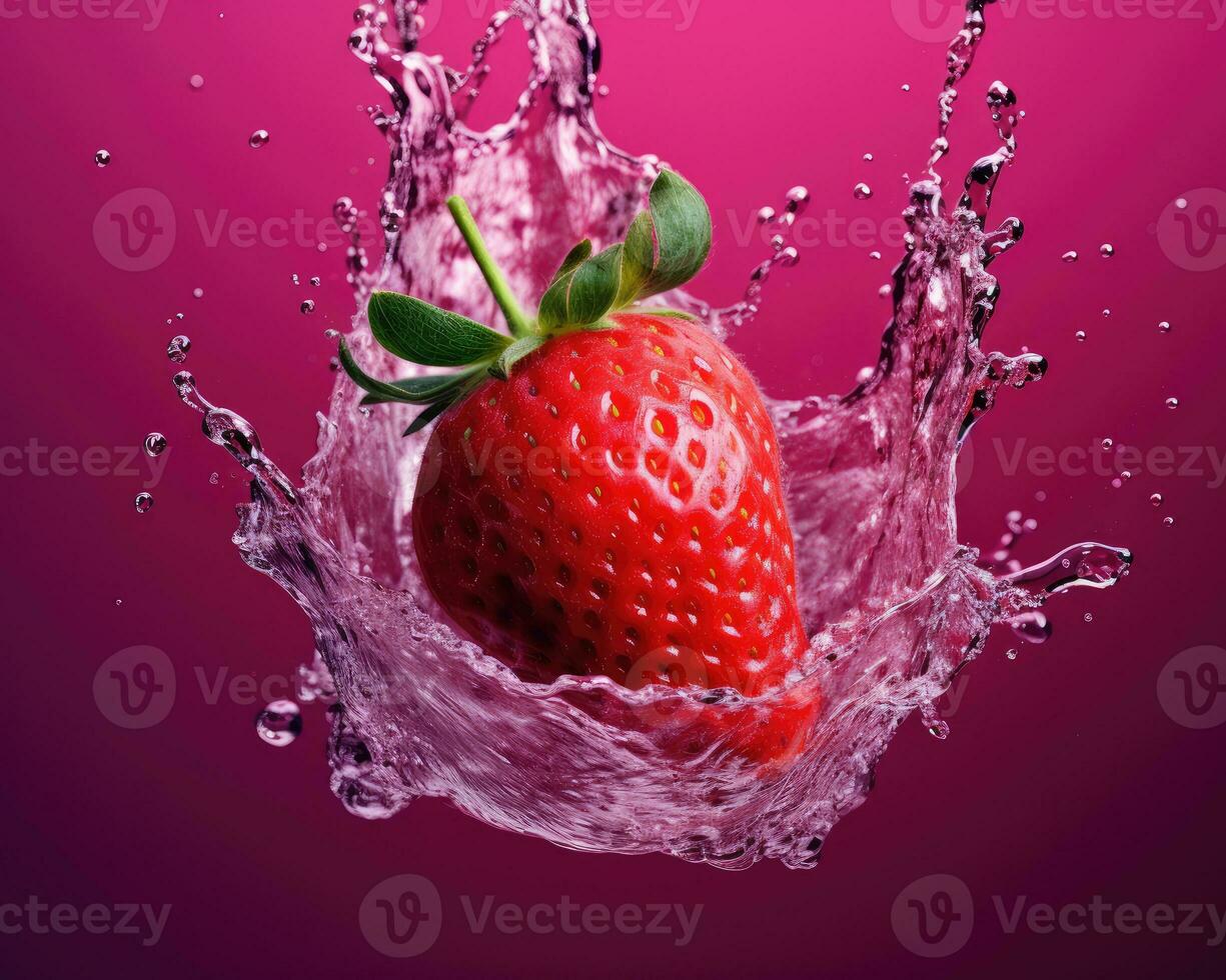 strawberry falling from air with water. Closeup of single ripe strawberry with water splash isolated on pink background. Product package design concept. AI Generated photo