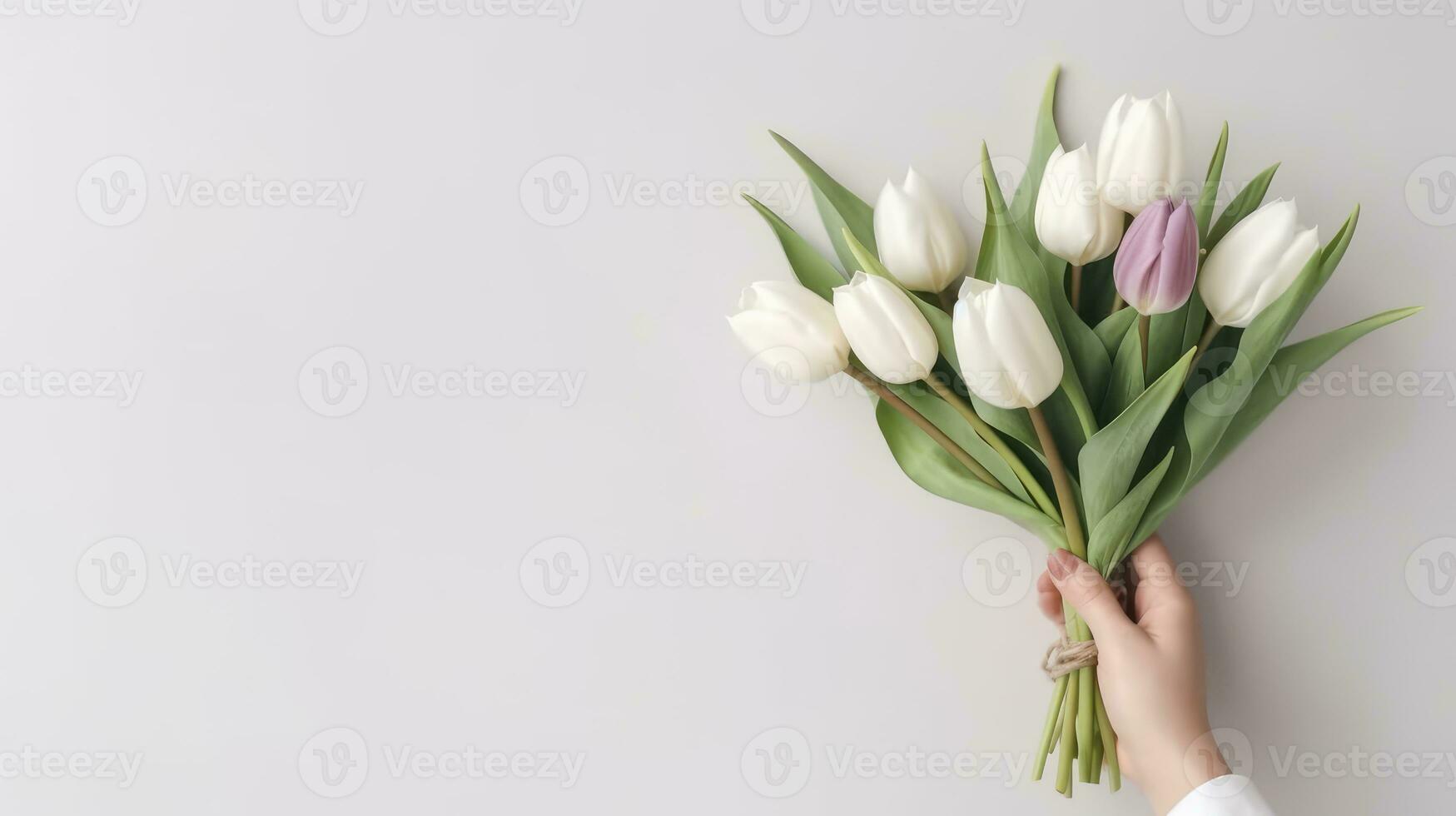 Hand holding a beautiful bouquet of tulip flowers. Isolated on a light wall background. AI Generated photo